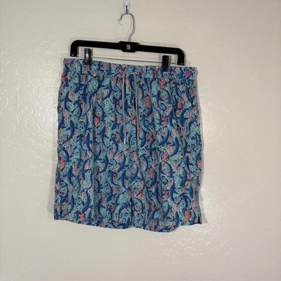 Peter Millar Swim Shorts Mens Large Blue Coral Reef Shark Print Board Trunks - Picture 1 of 8